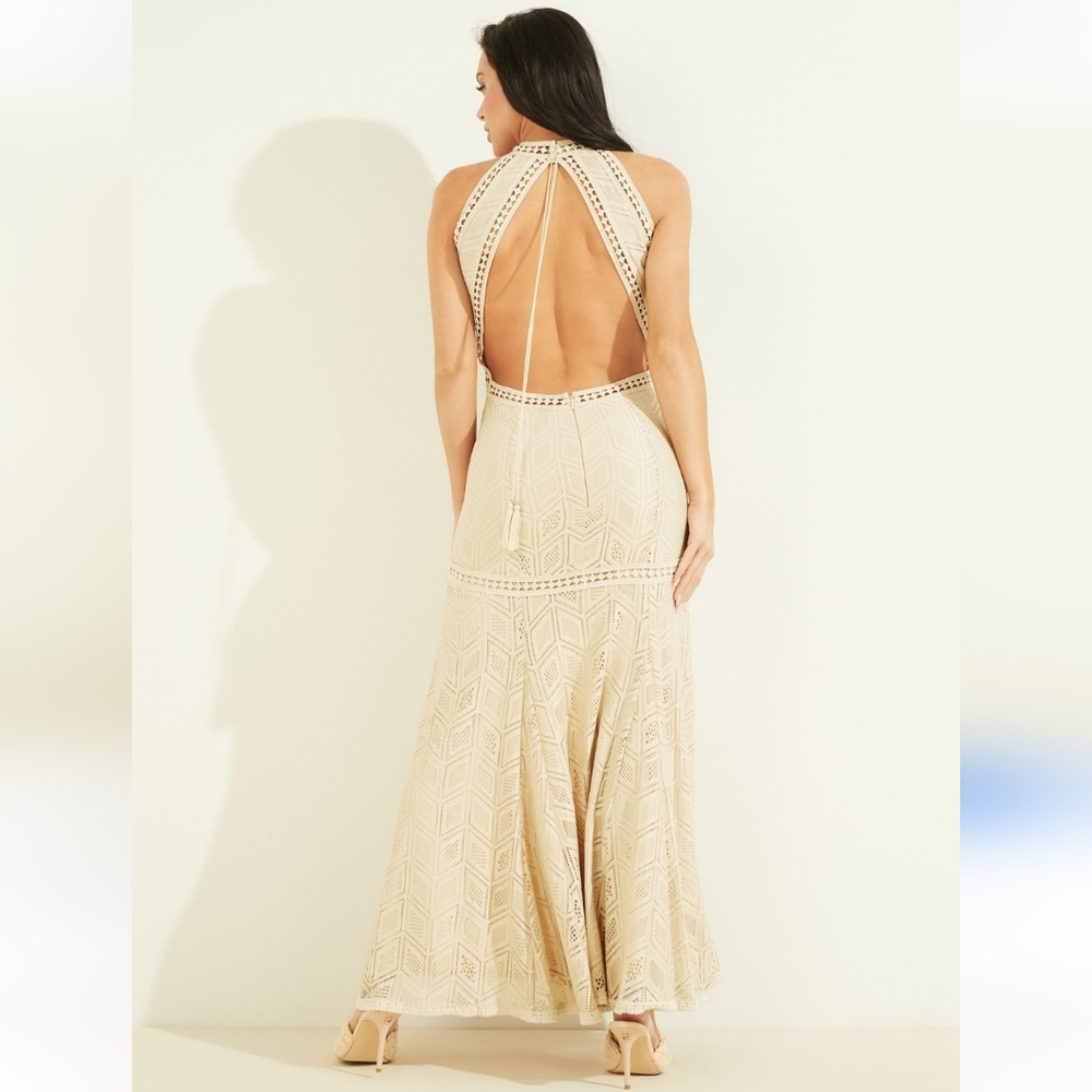 NWT GUESS Women's Sunset Geo-Lace Halter Maxi Dress Size Small